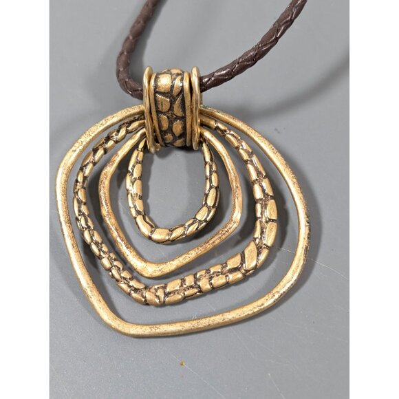 Chicos Gold Tone Multi Ring Pendant Brown Braided Cord Necklace Boho Western 20" - Picture 8 of 9